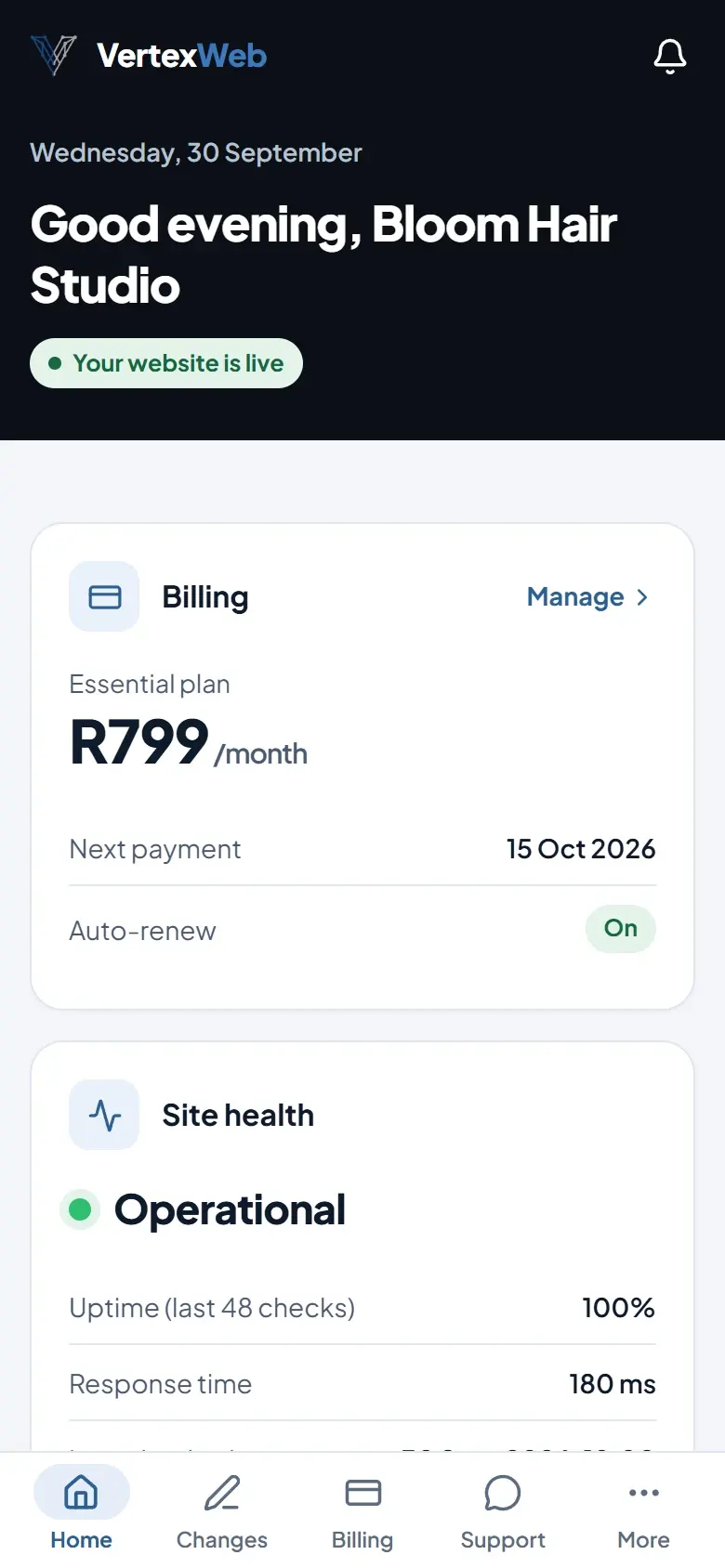 The VertexWeb client portal on a phone for an example hair salon: website live, billing and site health.