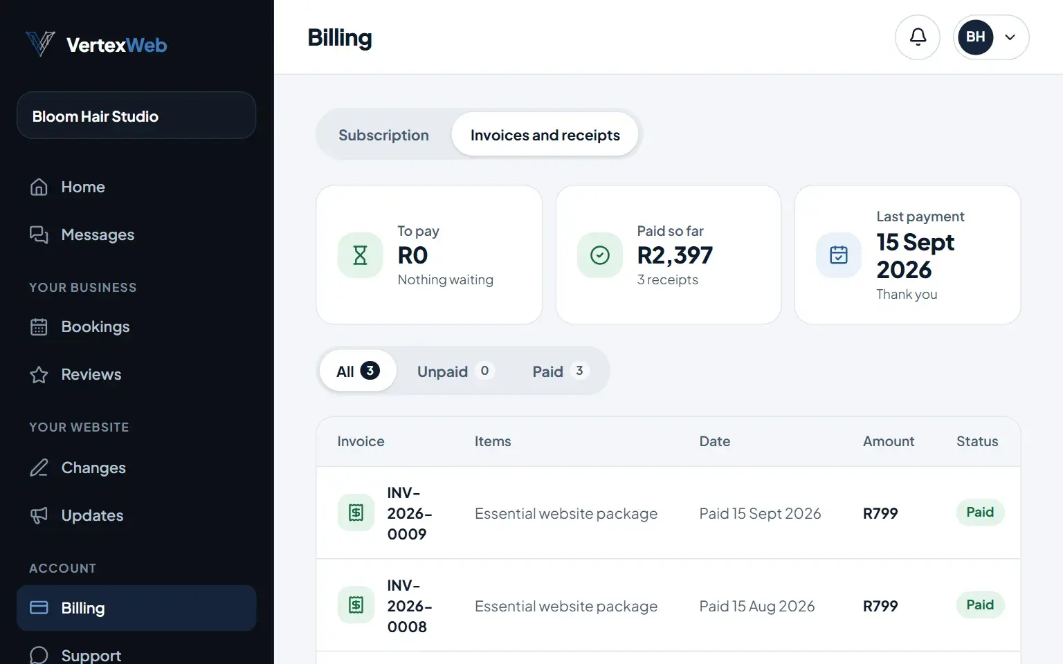 The client portal Billing page for an example hair salon.