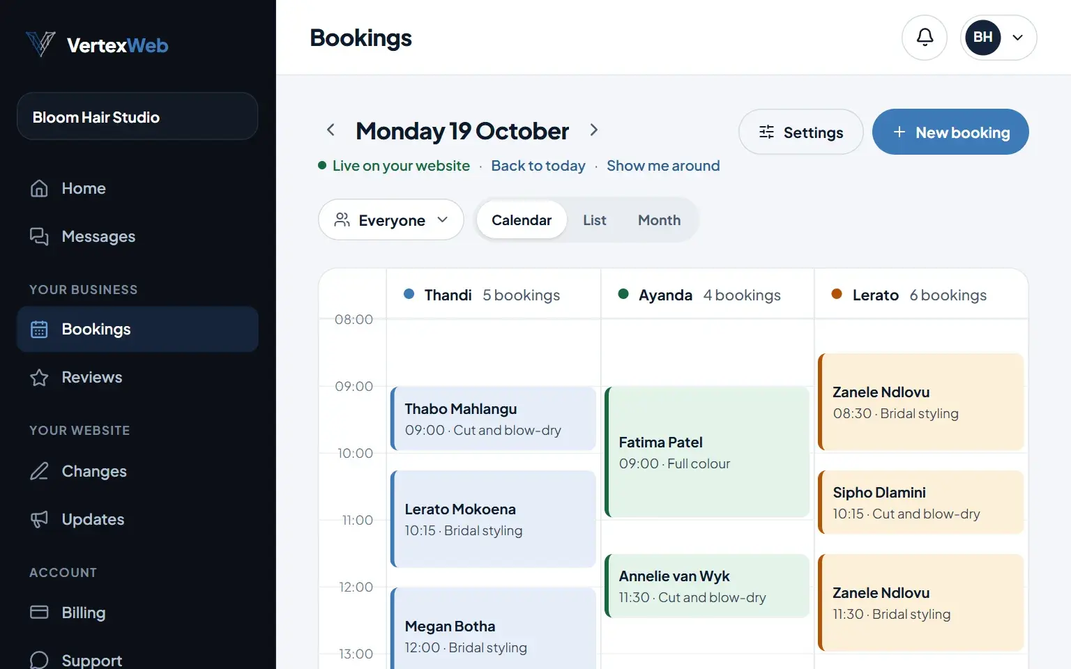 The client portal Bookings page for an example hair salon.