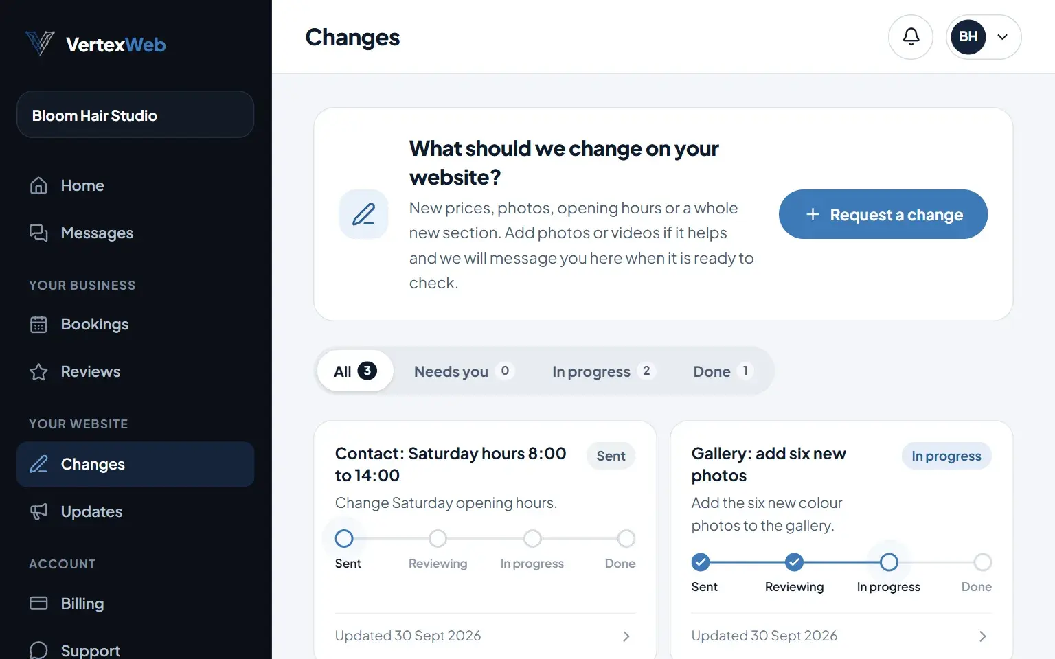 The client portal Changes page for an example hair salon.