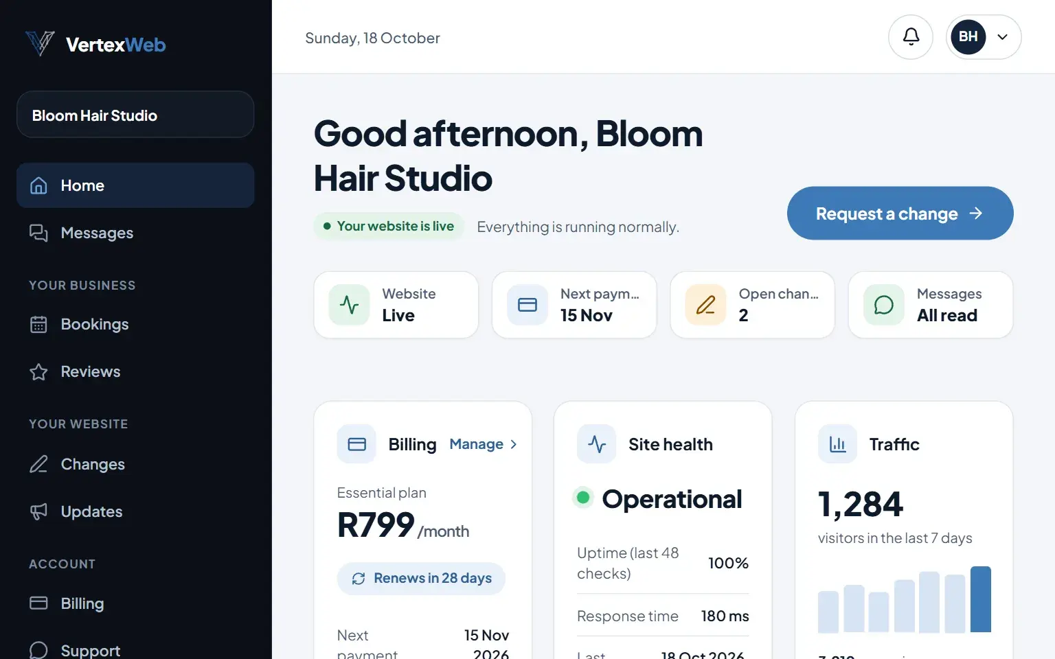 The client portal Home page for an example hair salon.