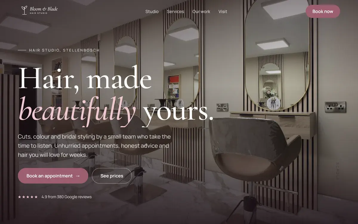 Bloom & Blade, a sample hair salon website built by VertexWeb, with online booking and review requests
